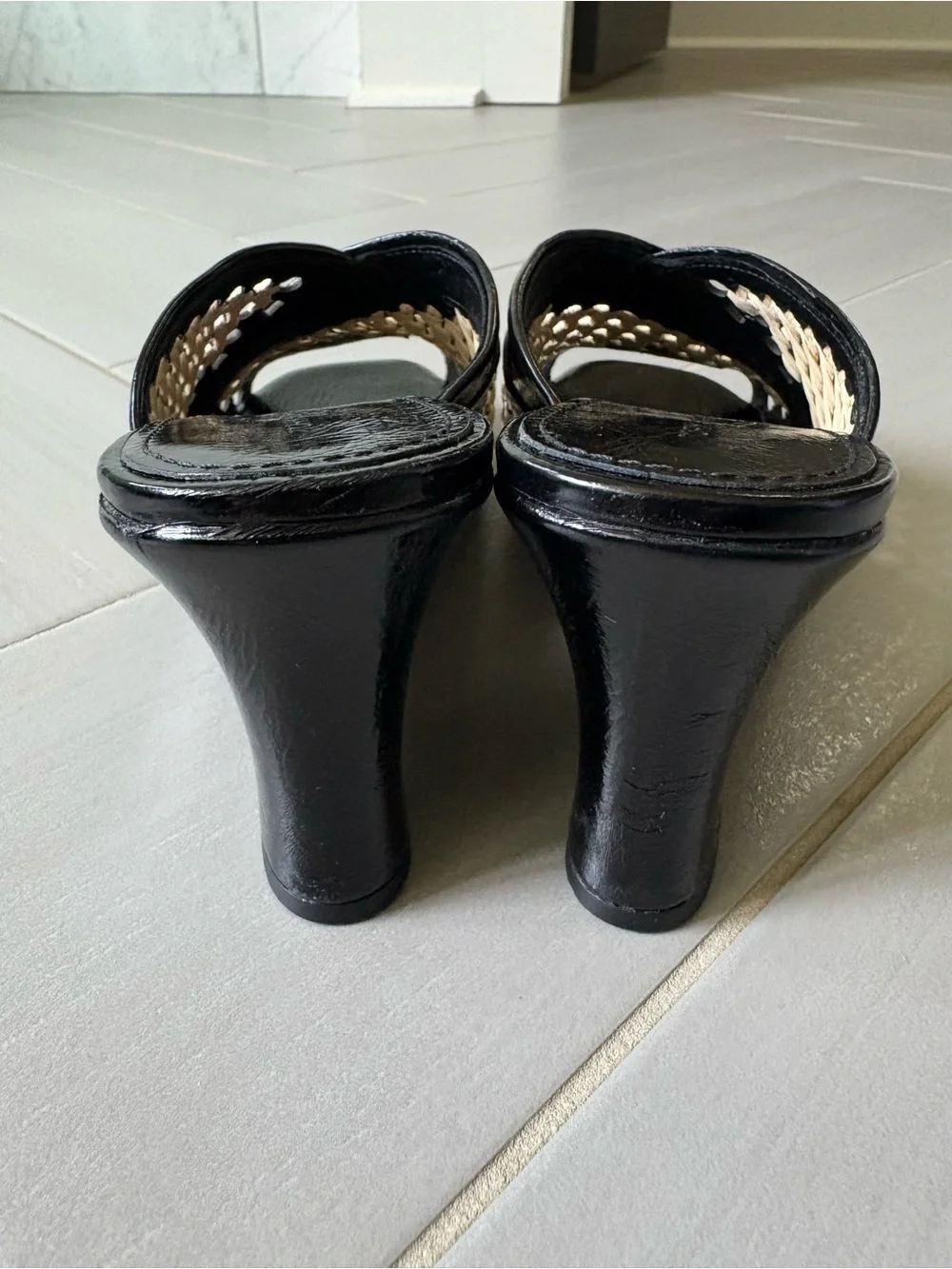 Tory Burch Black and Cream Woven Slide Sandals